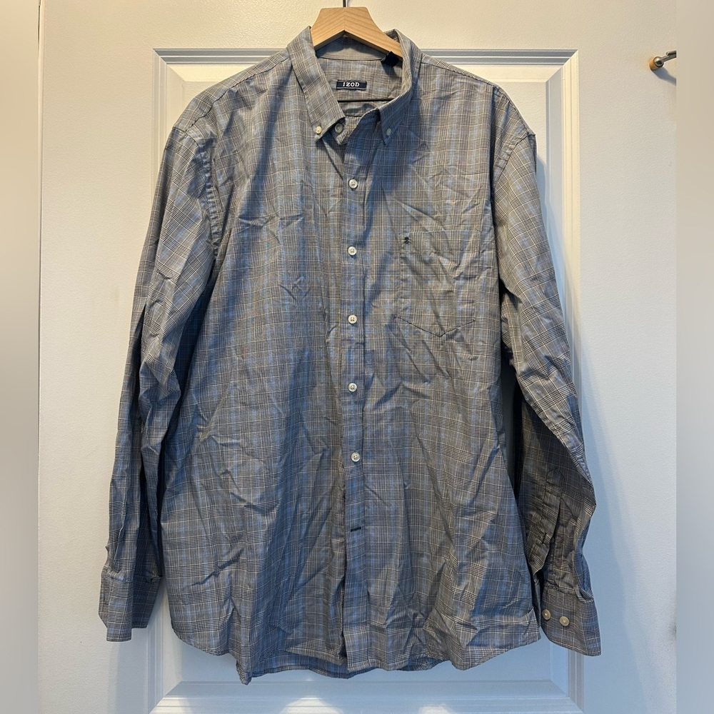 Izod Men's Blue Plaid Dress Button Down Shirt